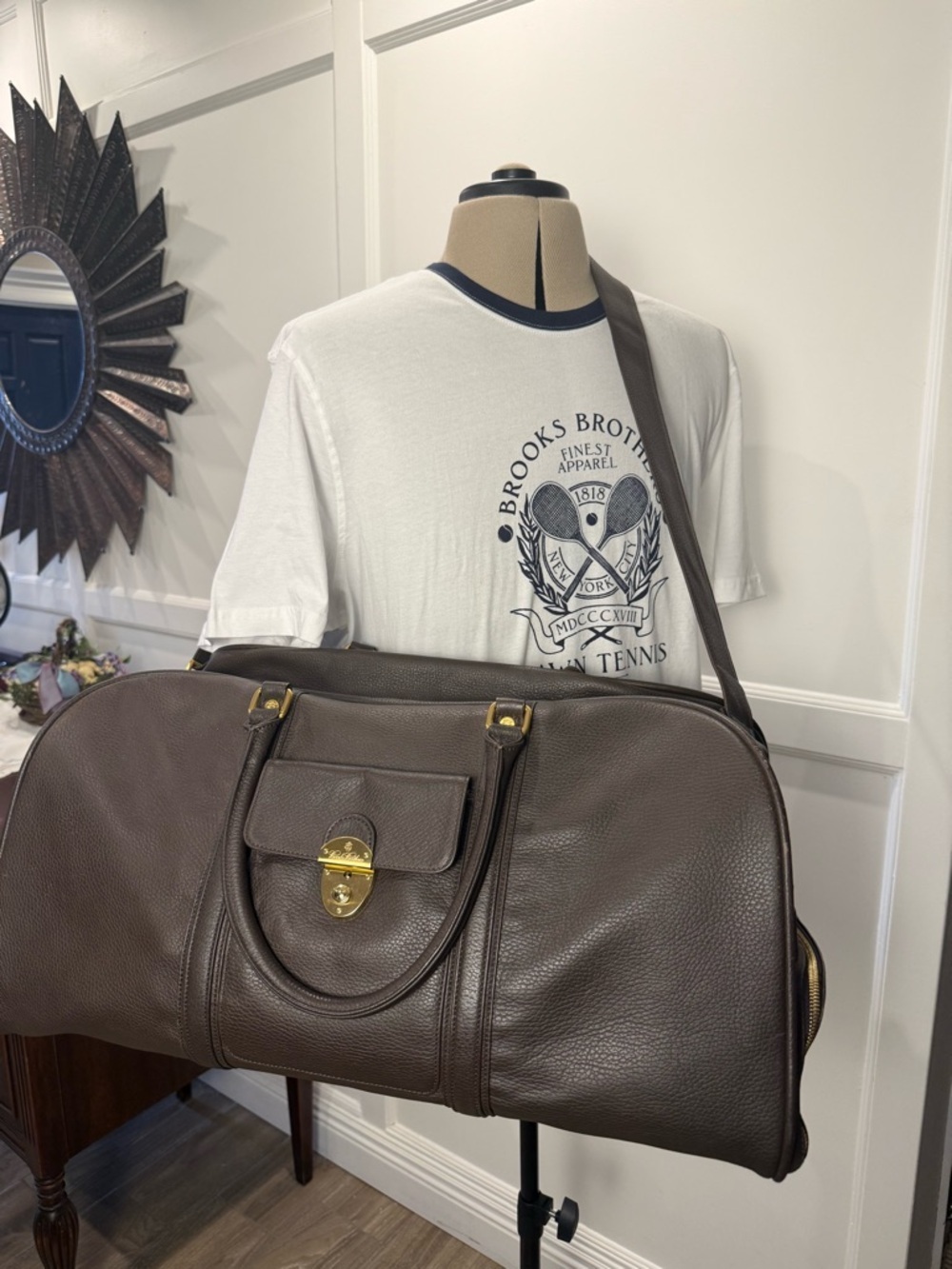 Brooks Brothers Brown Pebbled Leather Duffle Weekender Travel Bag - Picture 2 of 8